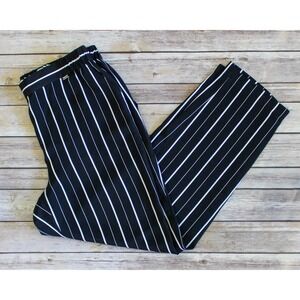 St. John Pants Medium Black White Stripe Silk Blend Pull On Elastic Waist Ankle